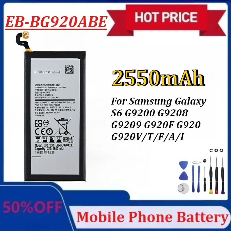 

Модернизированный аккумулятор для мобильного телефона EB-BG920ABE 4,4 В 2550 мАч для Samsung Galaxy S6 G9200 G9208 G9209 G920F G920 G920V/T/F/A/I