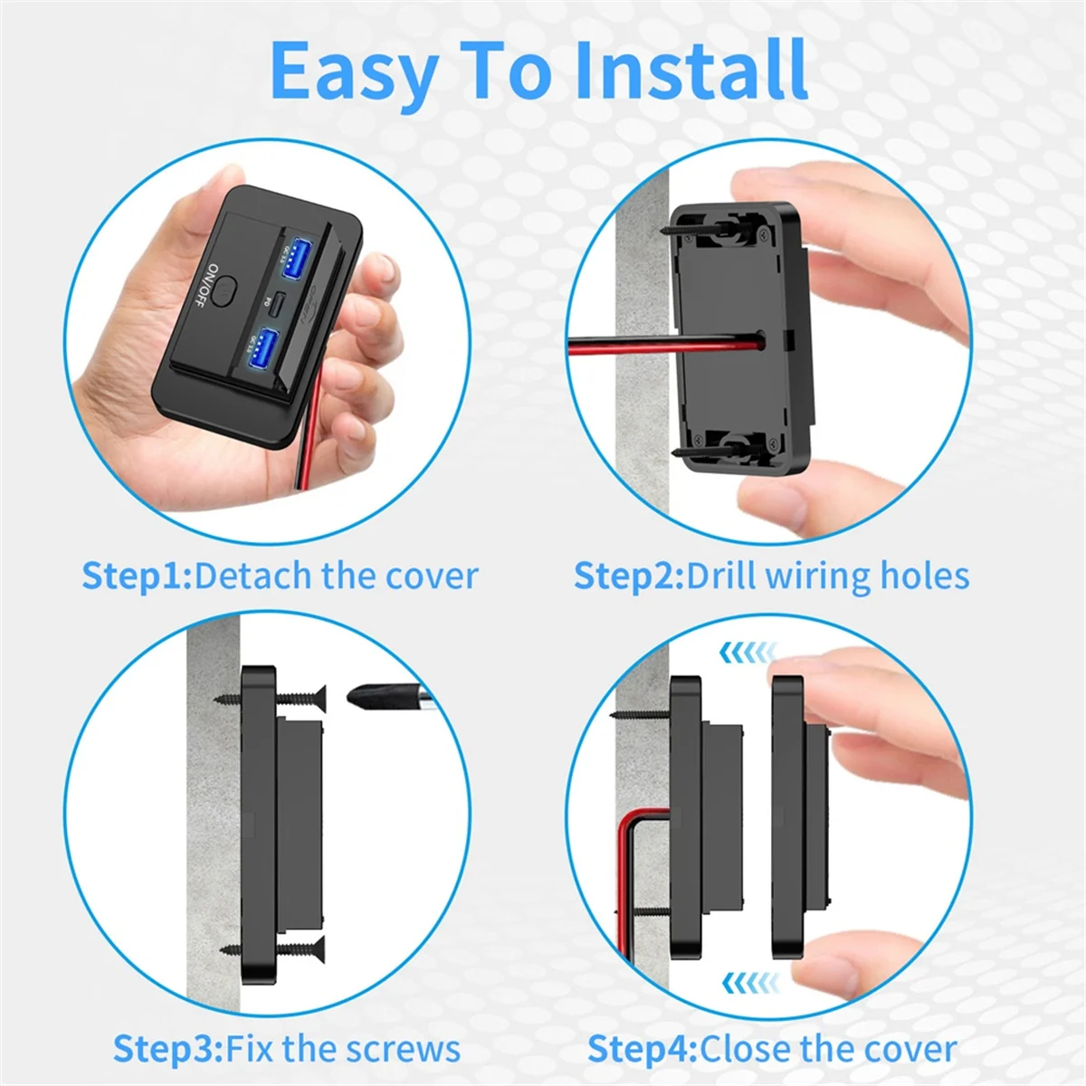 66W 12V Charger Panel Wall Mount QC3.0+PD3.0+QC3.0 USB Outlet Charger Socket Power Outlet for Car Marine Bus RV Truck Rich