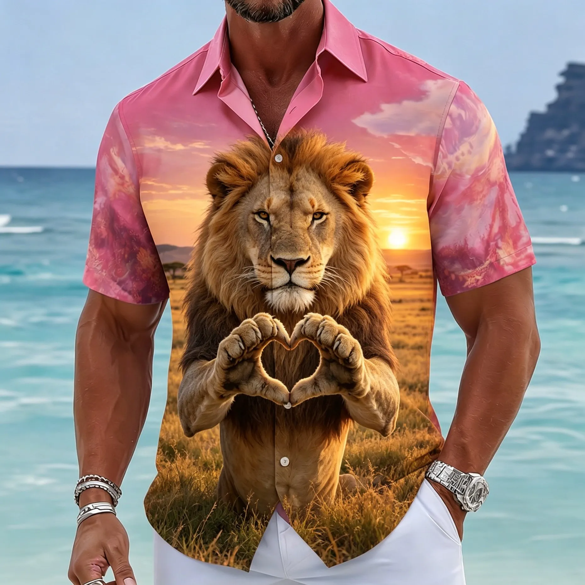 Men's Lion Heart Hand Sunset Print Short Sleeve Shirt 3D Safari Beach Graphic Casual Button Down Top for Spring & Summer