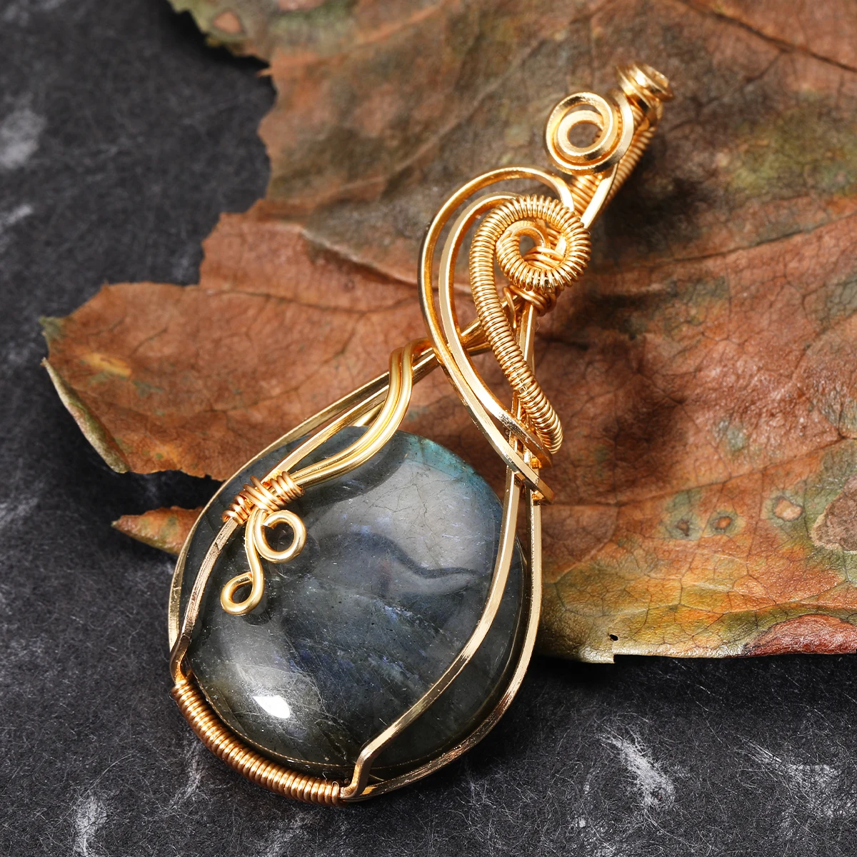 Damen Labradorit Regenbogen-Edelstein-Anhänger Kupferdraht-Umwickelter Labradorit-Schmuck Labradorit-Halskette mit Kette und Box – Detail 27