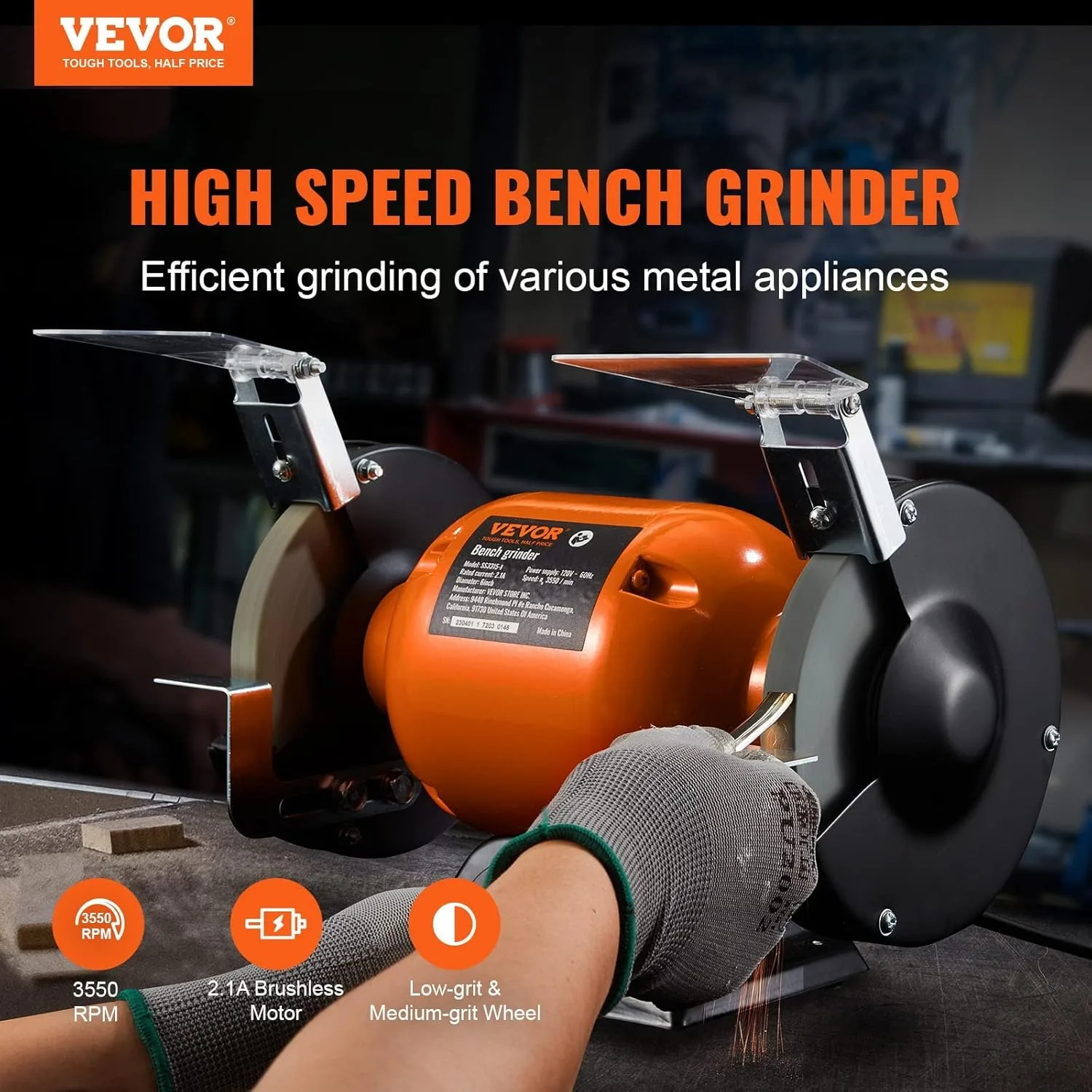 Bench Grinder, 6 inch Single Speed Bench Grinder w/ 2.1A Brushless Motor 3550 RPM Table Grinder with 36/80-Grit Grinding Wheels