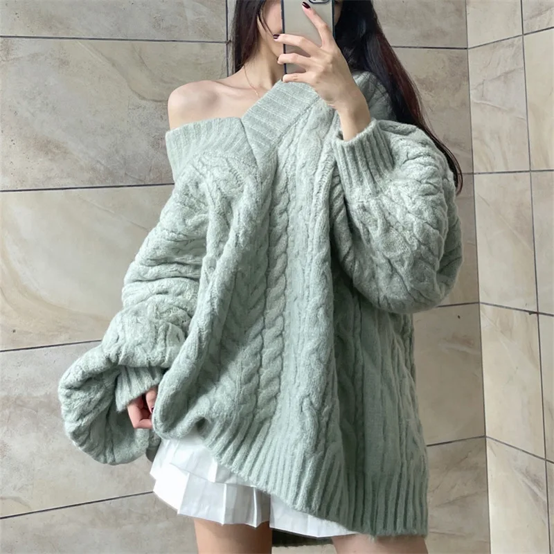 V-neck Sweater Gentle Style Twisted Pullover Loose Lantern Sleeve Knitted Sweater Top