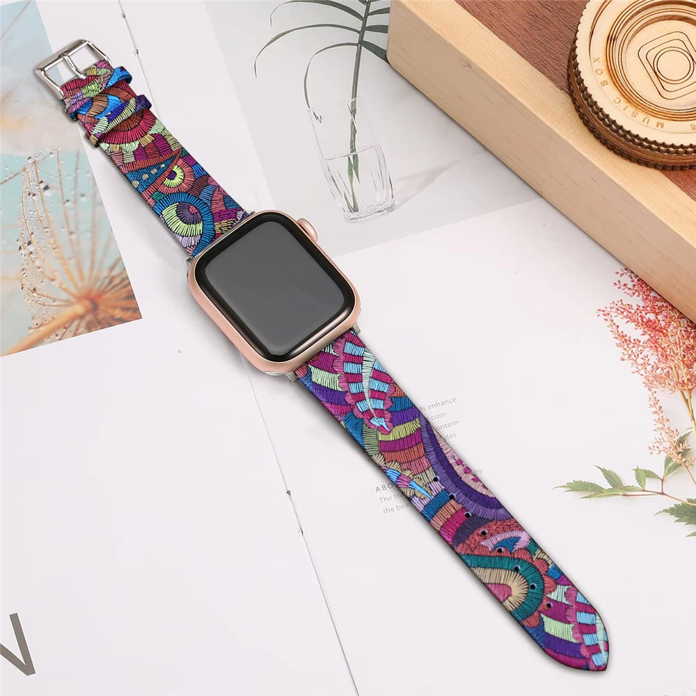 Vibrant Colors Leather Strap for Apple Watch Band 44mm 45mm Ultra 49mm 38mm 40mm 41mm Ethnic Style Bracelet iwatch 9 8 7 6 5 SE