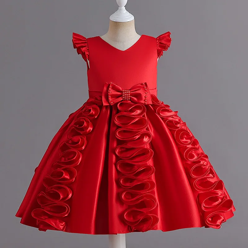 New Girls\' Satin Evening Dress with Small Flying Sleeves Sweet Princess Dress School Show Host Solid Bow Flower Girl Dress