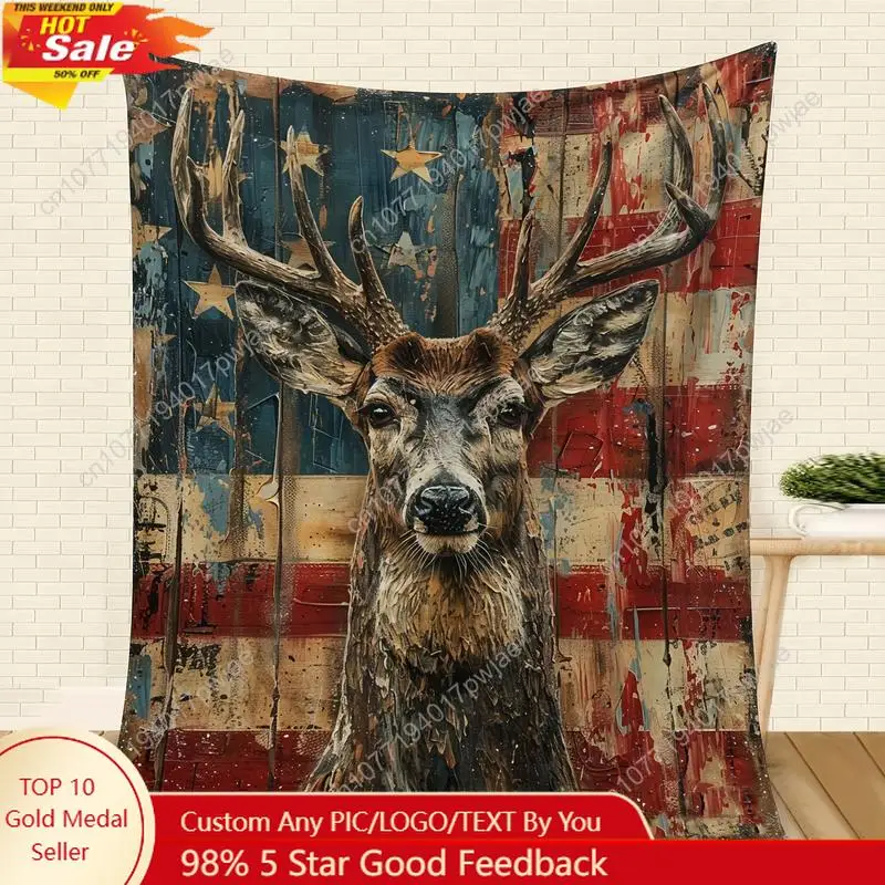 

Rustic Deer Head Digital Print Fleece Blanket - Comfortable and Soft Featuring American Flag Design Suitable Custom blankets