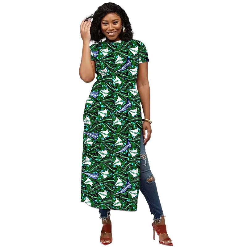 

African Fashion O-Neck High Slit Dress Original Design Customized Short Sleeve Women's Banquet Attire Colorful Print Party Wear
