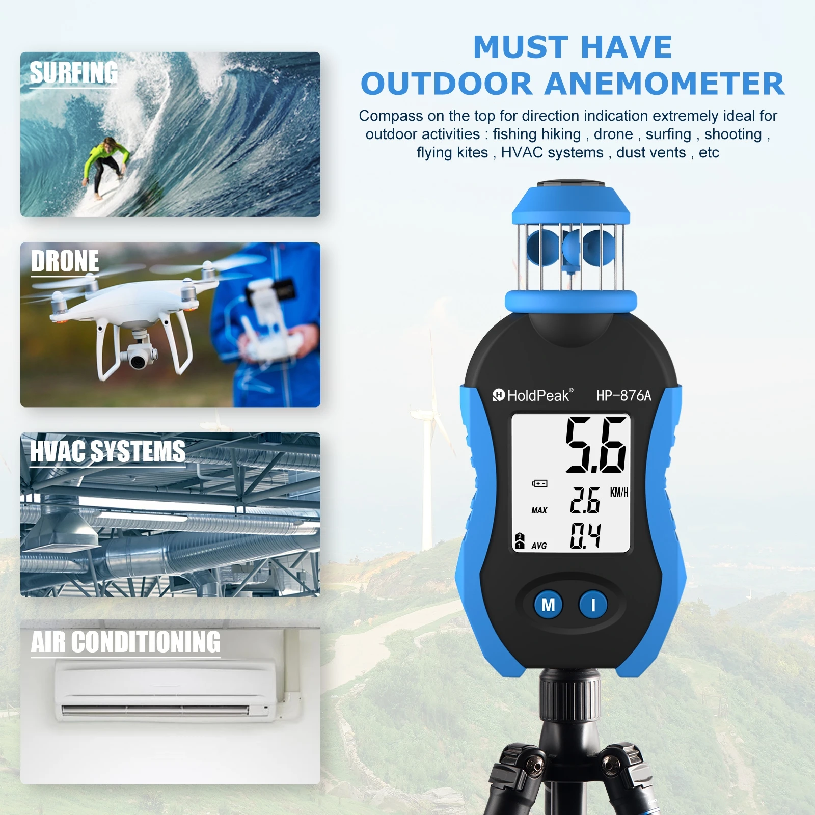 HoldPeak Digital Anemometer Handheld Wind Speed Meter, Pocket for Measuring Air Speed for HVAC Vents, Boat Sailing Shooting