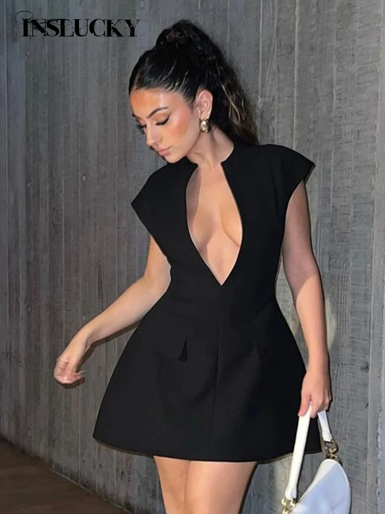 

InsLucky Luxury Evening Elegant Black Dress For Women's Deep V Neck Sexy High Waist A Line Dresses Partywear Fashion Streetwear