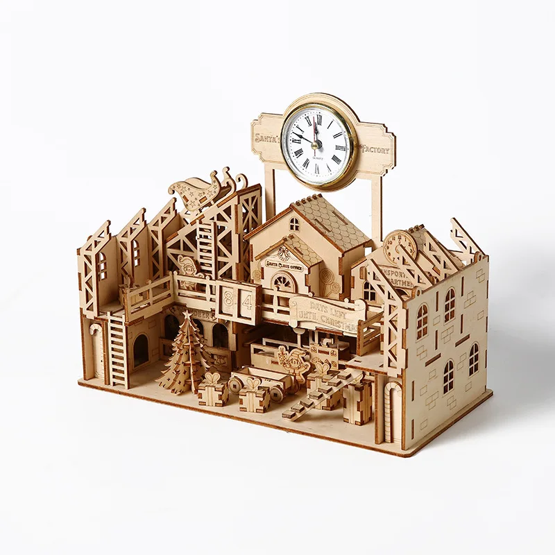 

OUZEY 3D Wooden Christmas Factory Model - Countdown Calendar Table Clock, Retro DIY Assembly Kit for Adults & Teens 14+