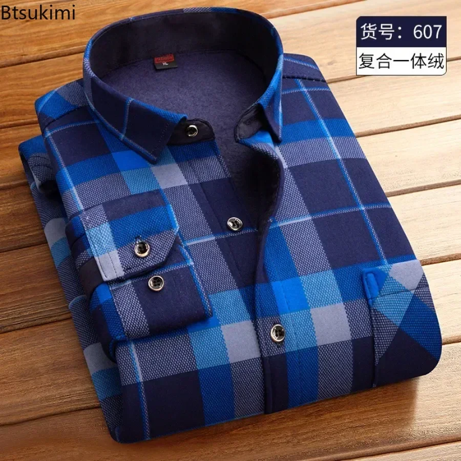 New Men\'s Business Shirts 2024 Autumn Winter Fleece Warm Shirt Man Lapel Single-breasted Long Sleeve Shirts Casual Shirt for Men