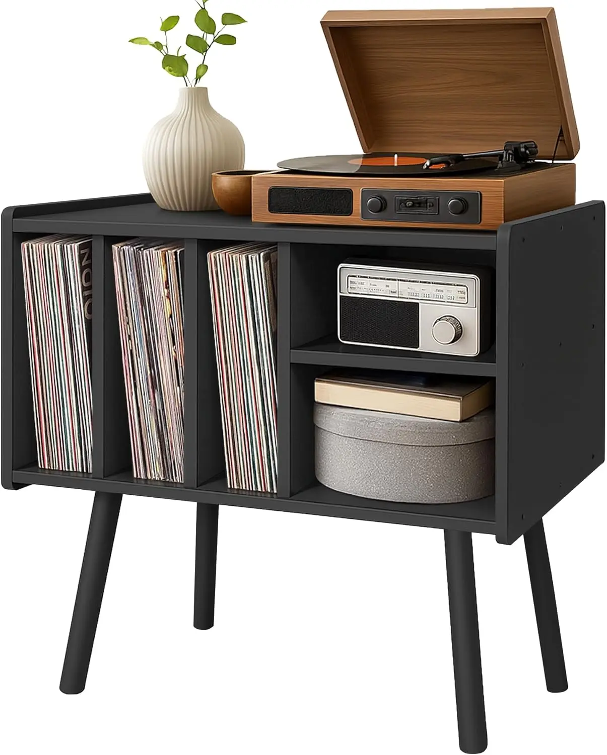 Wooden Record Player Stand with Vinyl Storage, 5 Cabinet Design, Large Holder for Turntable in Black