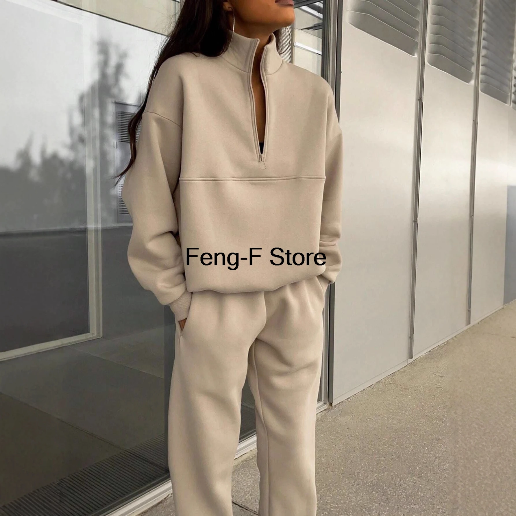 

Fashion Women's Tracksuit Suit Autumn Half Zipper Stand Collar Hoodie Sweatshirts Two Pieces Casual Sportswear Long Pant Sets