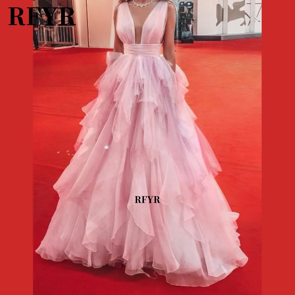 

RFYR Sexy V Neck Prom Dresses Maxi Vestidos De Fiesta A Line فساتين السهرة Layer Evening Dresses for Women Customized
