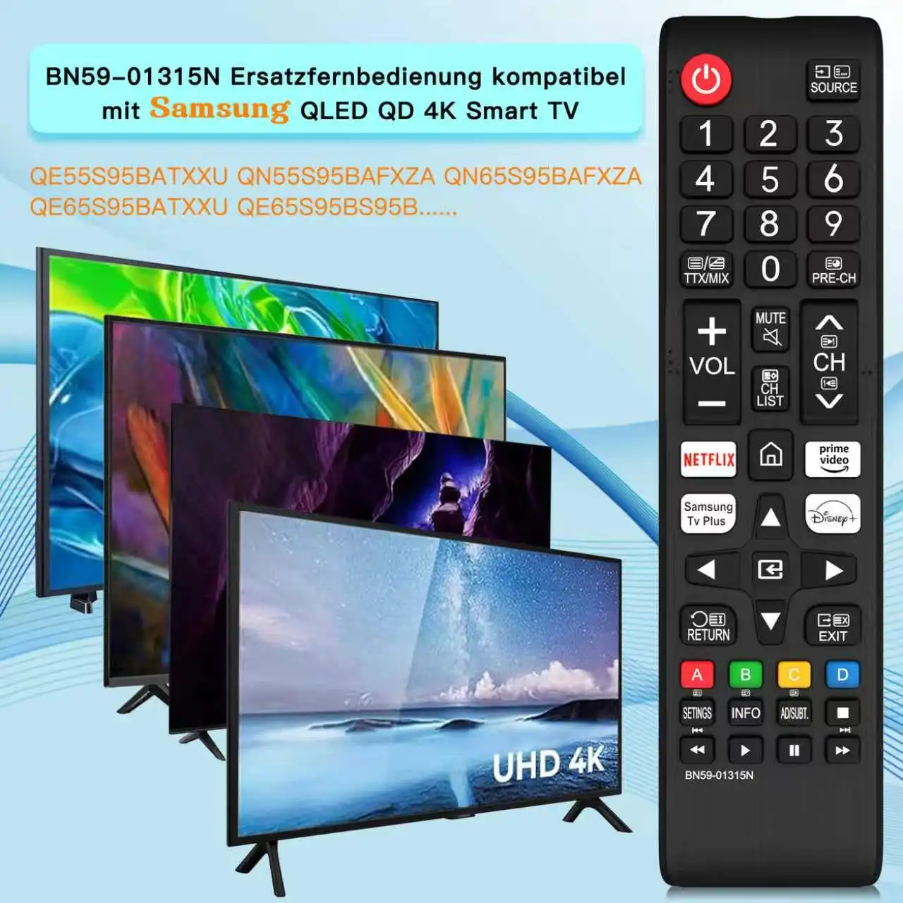 BN59‑01315N IR Replacement Remote Control For QLED QD UHD 4K Smart TV With Netflix Prime Video Disney+ Hotkeys No Voice