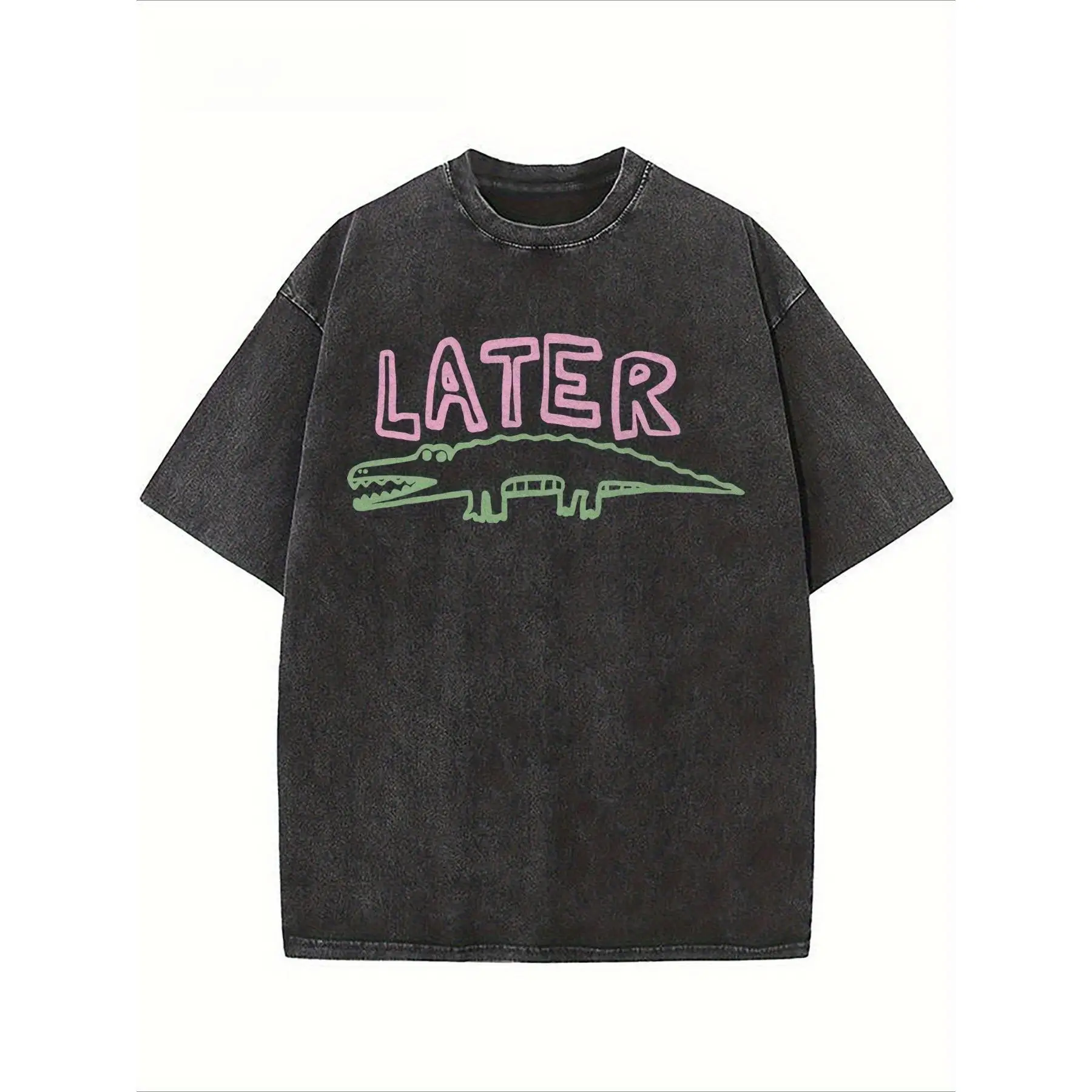 

Washed Black Oversized T-Shirt, Unisex Casual Streetwear Tee, Retro Crocodile Graphic Top, Y2K Hip Hop Style