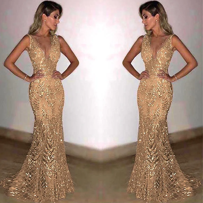 

Party Shiny Sequin Evening Dress 2026 Fashion V Neck Slim Waist Maxi Dresses Backless Short Sleeved Lady Gold Silver Robes