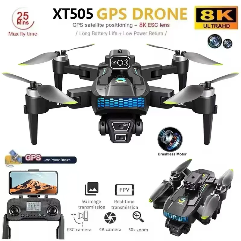 XT505 GPS Drone 8K Professional HD Dual Camera 5G Wifi 360° Obstacle Avoidance Brushless Motor Foldable Quadcopter RC Dron Toys