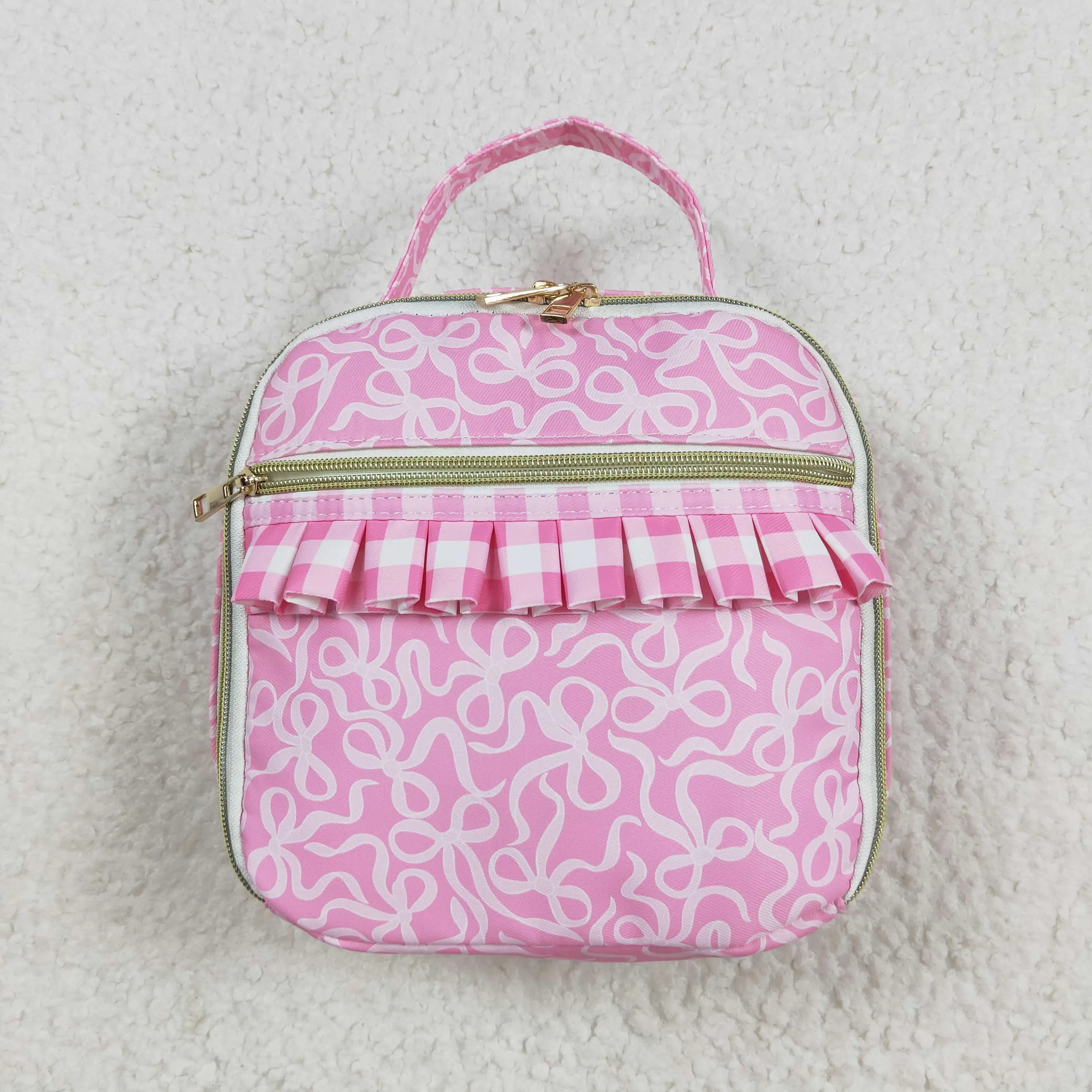 

New Fashion Baby Girls Pink Bows Plaid Ruffle Back To School Bags Lunch Boxes Wholesale Boutique Children Bag