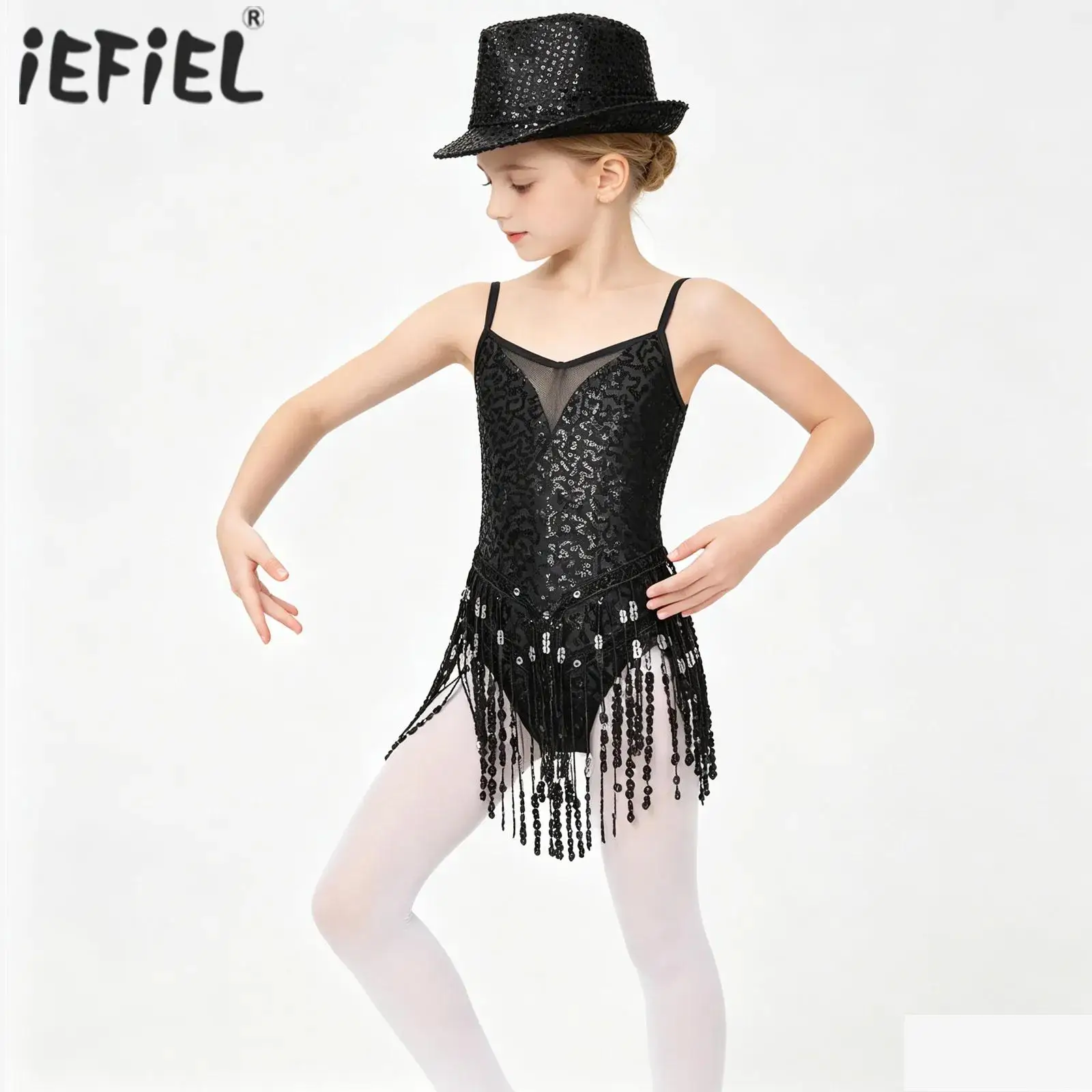 

Kids Girls Jazz Latin Dance Stage Performance Costume Sleeveless V Neckline Mesh Shiny Sequins Tassel Hem Leotard with Hat