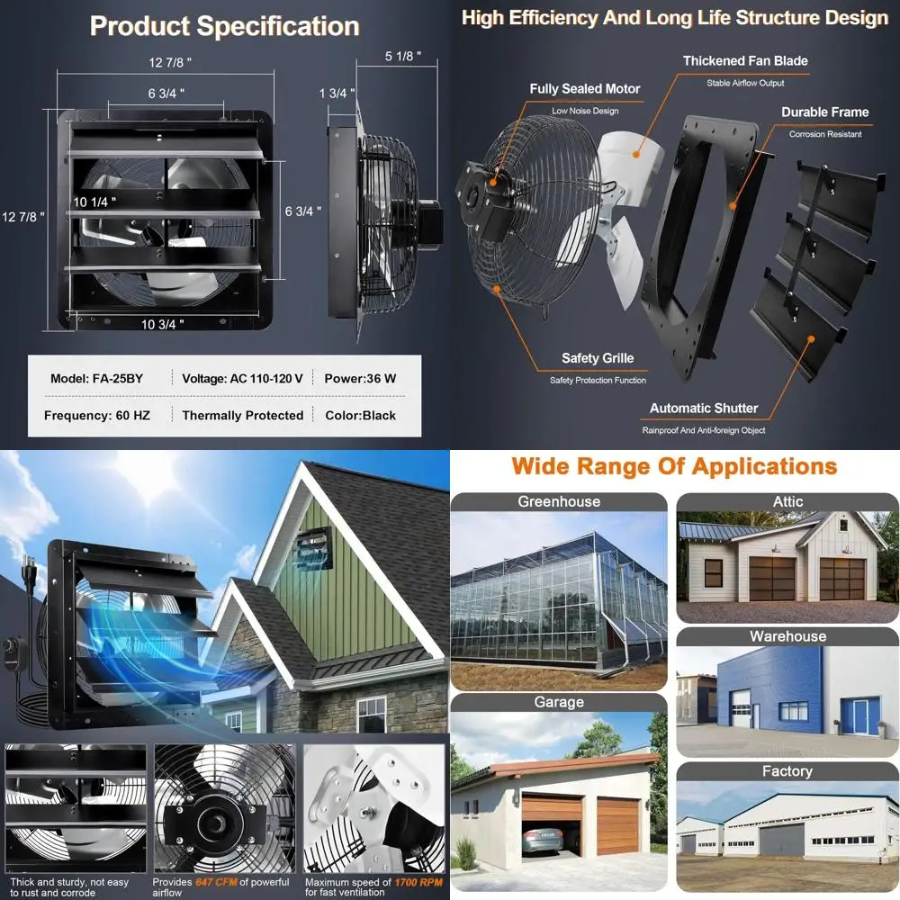 

10 Inch Wall-Mounted Exhaust Fan with Speed Control and 1.8M Power Cord, 60Hz, 36W, High-Speed Low-Noise Copper Motor, Automatic