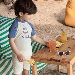 Summer Kids One-piece Swimsuit Baby Boys Short Sleeve Quick-Dry Cute Letter Print Surfing Suit Swimwear Toddler Bathing Suit