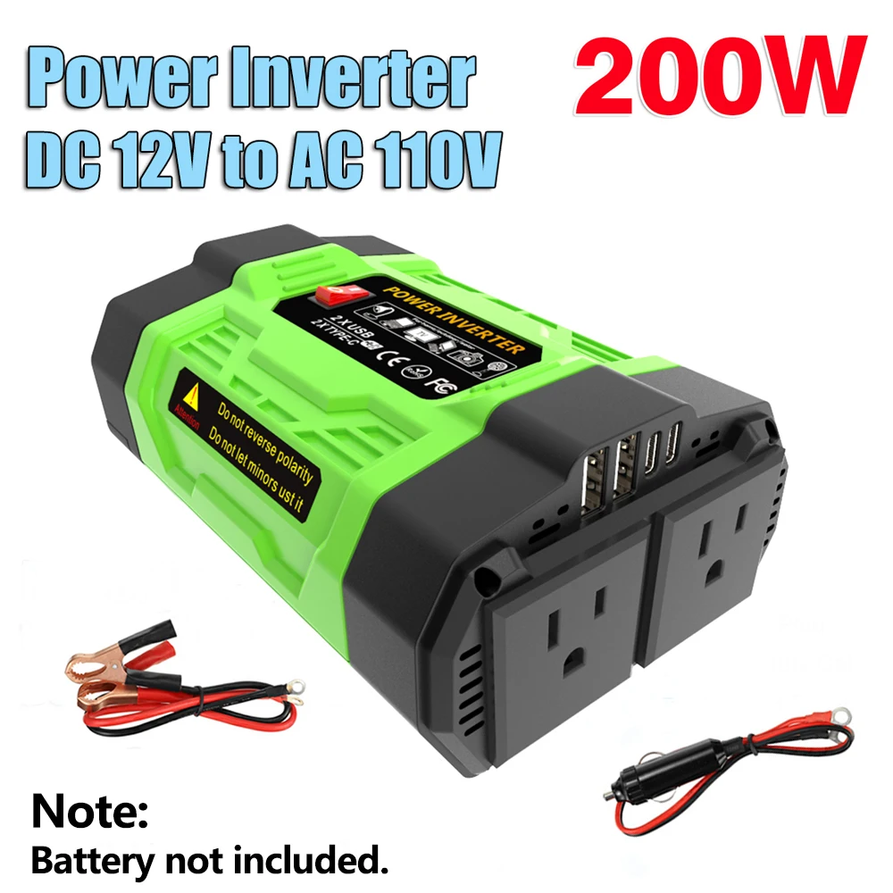 200W Power Inverter DC 12V to AC 110V Modified Sine Wave Car Inverter with Dual Outlets USB 2 Type-C Fast Charging, 6-in-1 Multi-Function Portable Inverter for Car, Outdoor, Camping, Solar System