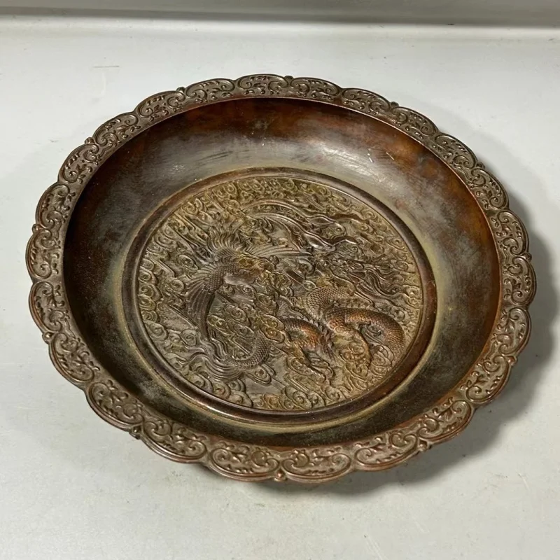 

【High-Grade Material】Antique Miscellaneous Items Vintage Plate Ornament Retro Imitation Antique Large Dish Home Dragon and Phoen