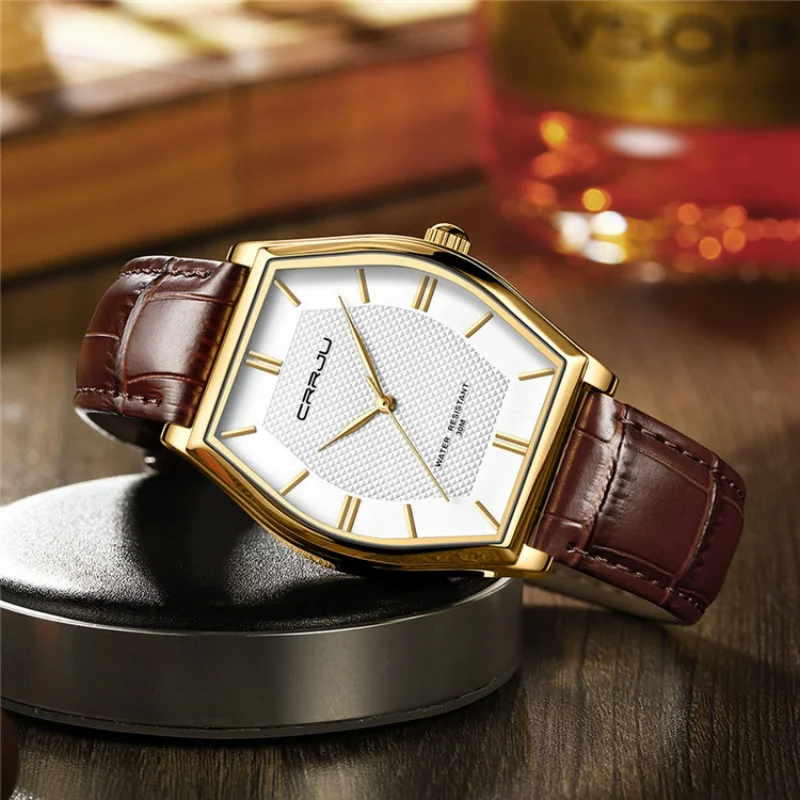 CRRJU 5020 ساعة كوارتز رجالية كلاسيكية تونيو حافظة جلدية حزام مقاوم للماء ساعات عمل بسيطة للرجال ساعة يد عادية