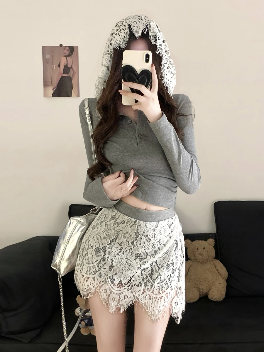 

Spicy Girl Casual Pure Desire Hooded Fake Two-Piece Slim Long Sleeve Top High Waist A-Line Lace Half-Skirt Two-Piece Set
