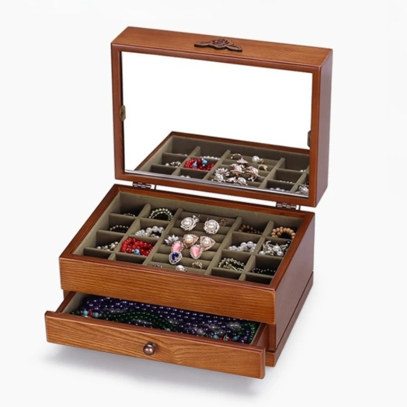 

Wooden Jewelry Storage Box Portable Necklace Ring Storage Box Retro Trinket Organizer Container Women's Earring Bracelets Case