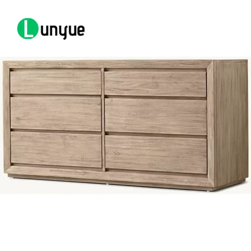 Weathered Oak Solid Wood 6 Drawer Dresser Scandinavian Modern Wide Handleless Storage Cabinet for Bedroom Living Room