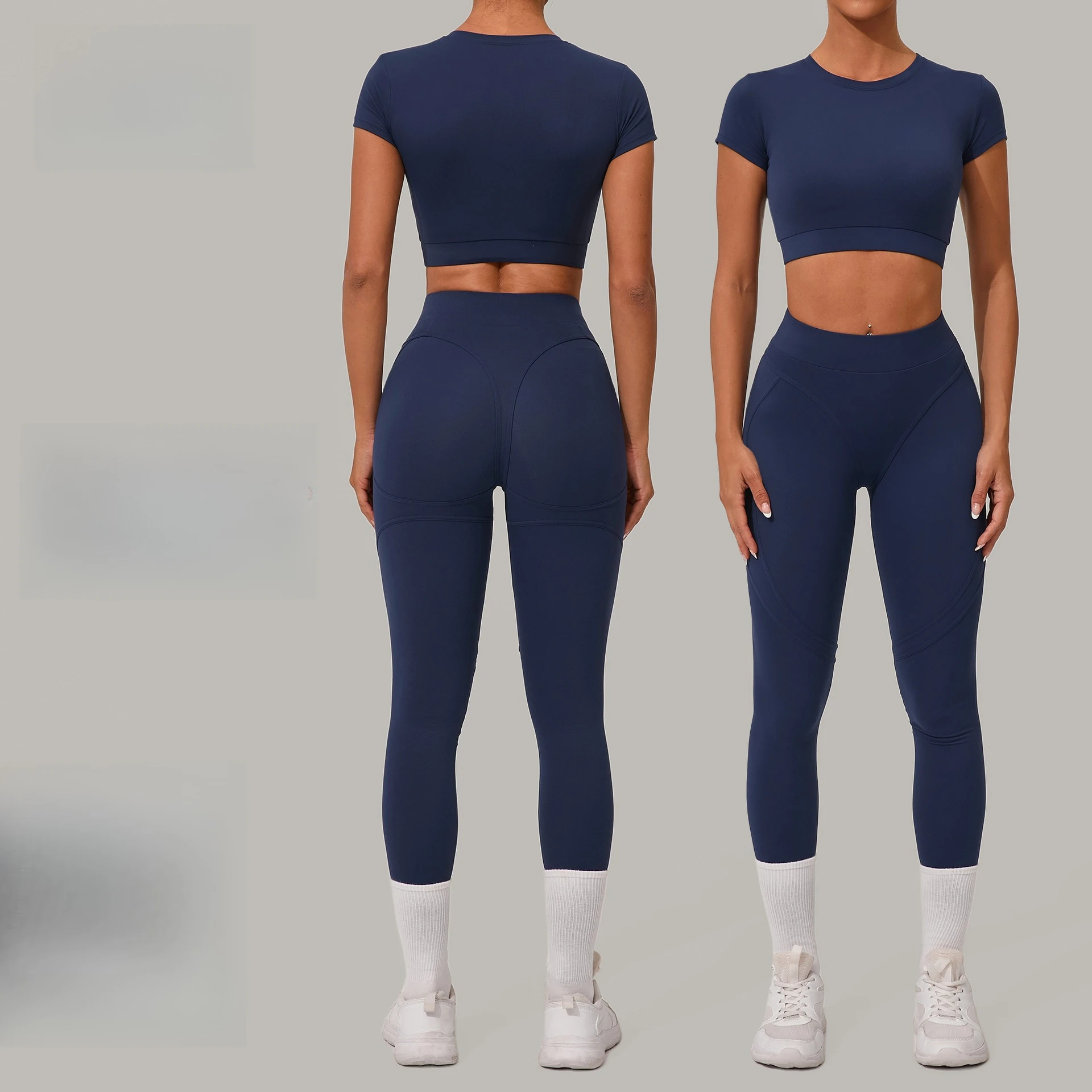 

2 Pieces Tight Sporty Leggings Set Women Sportswear Short Sleeve Training Suit for Fitness Gym Clothing Black Workout Pants Set