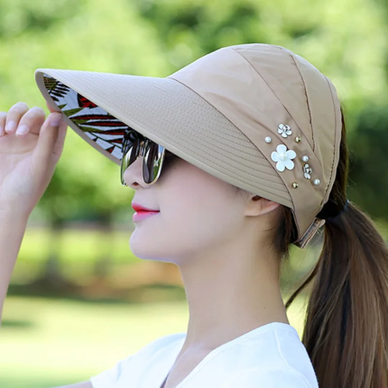 Chapéu de sol dobrável com viseira pérola para mulheres, boné de beisebol casual, protetor solar ao ar livre, verão