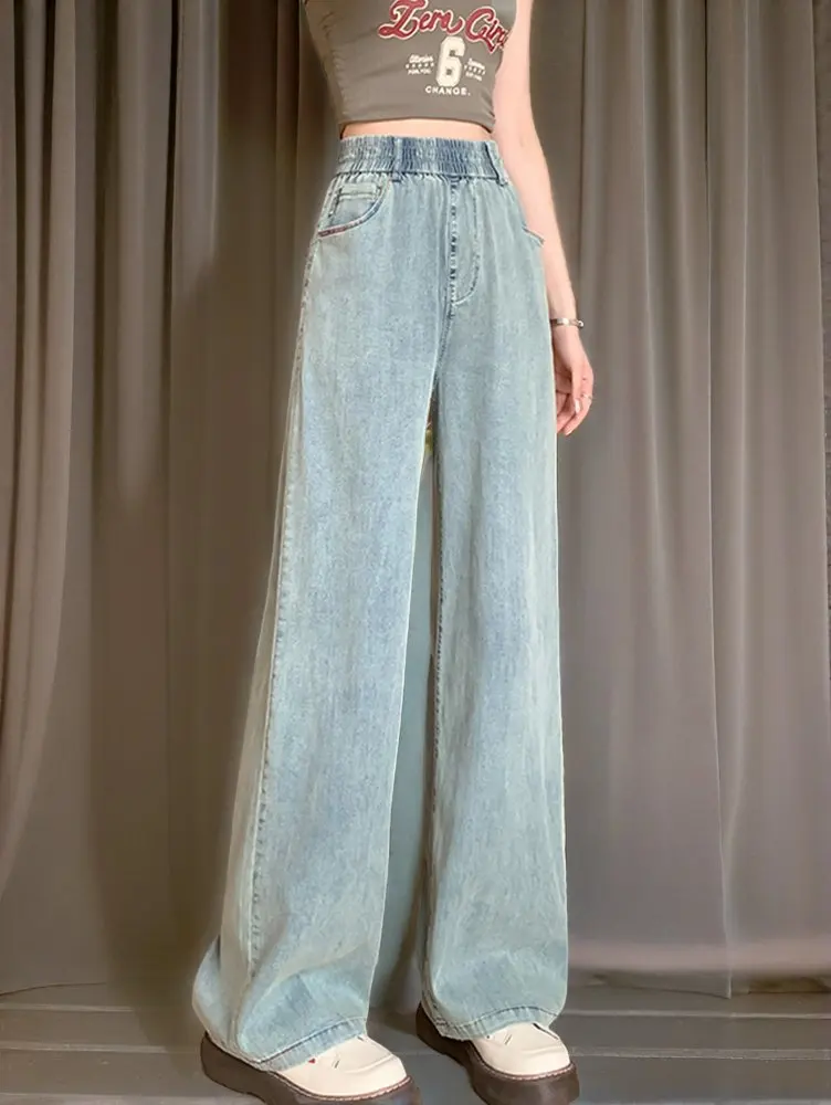 Neue 2024 Sommer Hohe Taille Denim Jeans Für Frauen Breite Bein Lose Beiläufige Blau Jean Frau Volle Länge Hosen Hosen heißer Verkauf