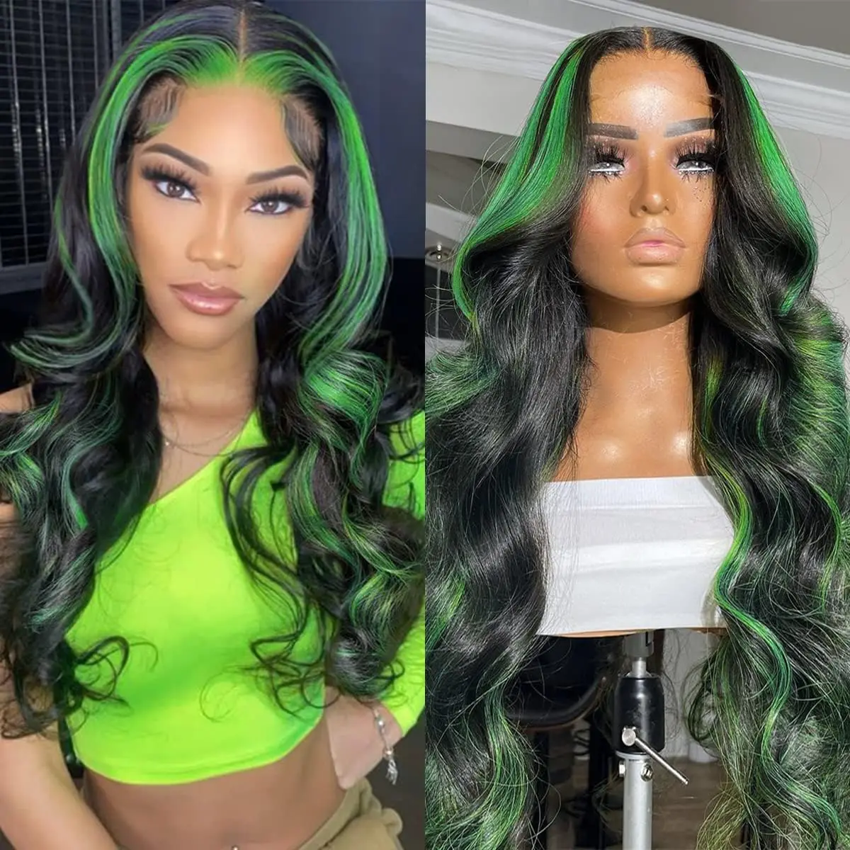 

Highlight Black and Green Body Wave Lace Closure Wig Green Ombre Pre Plucked Wig Synthetic Lace Front Wig For Women