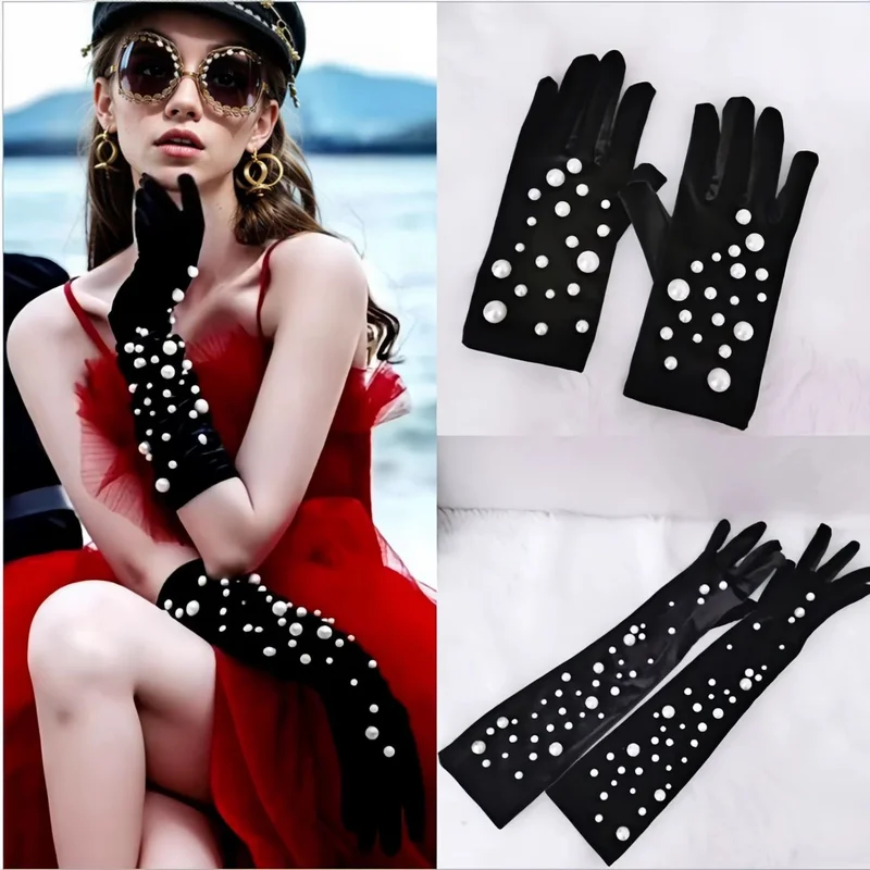 vm12 Black Bride Gloves Bachelorette Party Accessories for Girlfrend Pearls Beaded Wedding Gloves Elbow Length Finger Bar Mitzva