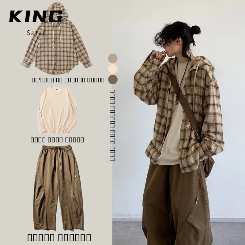 

Ретро-японское клетчатое пальто с капюшоном, свободного кроя, с длинными рукавами, для мужчин и женщин, осенне-весенняя модная верхняя одежда