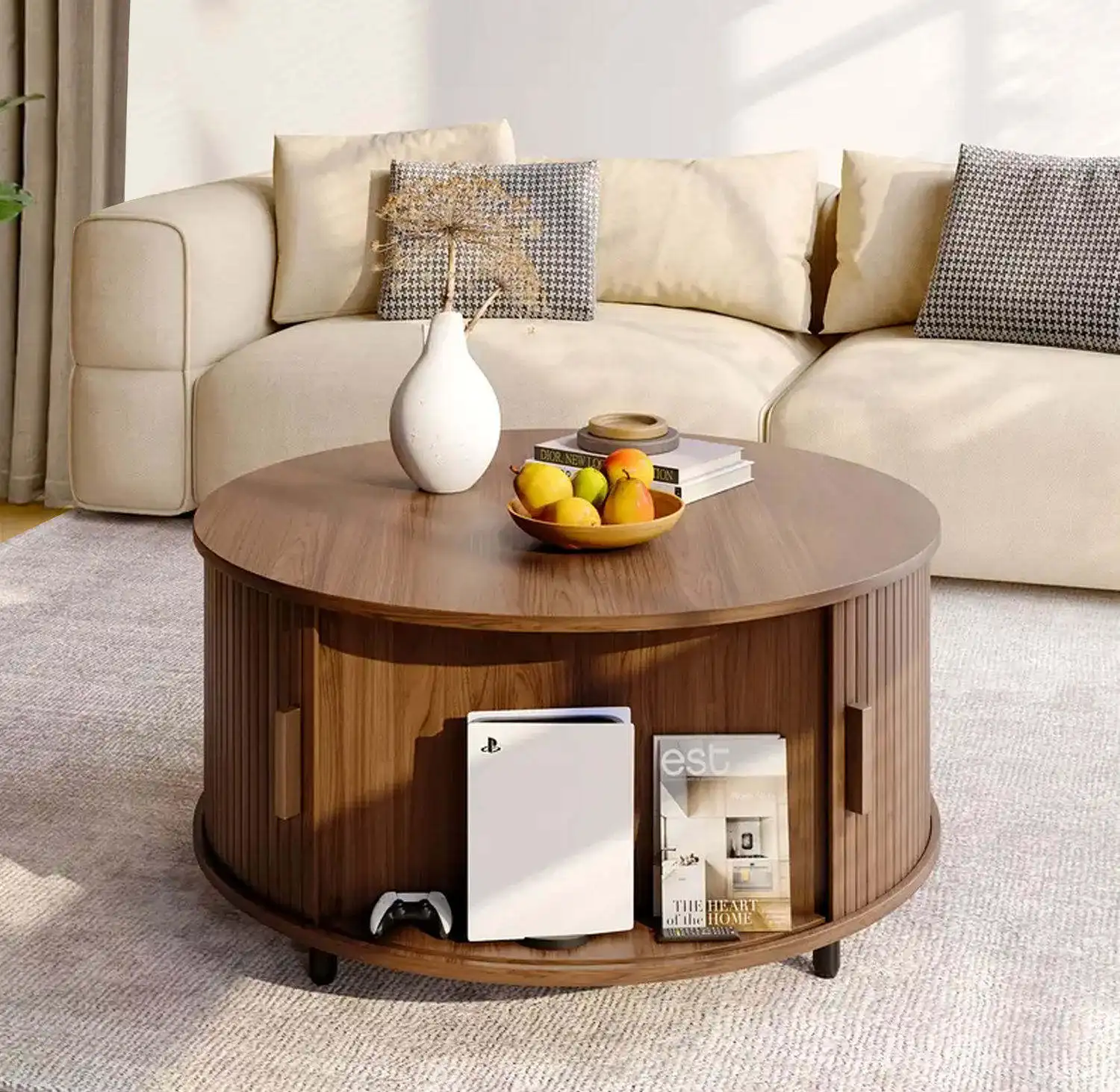 *Modern Round Coffee Cabinet, Wooden Finish, Dual-Use for Dining & Living, Smart Storage for Daily Life.
