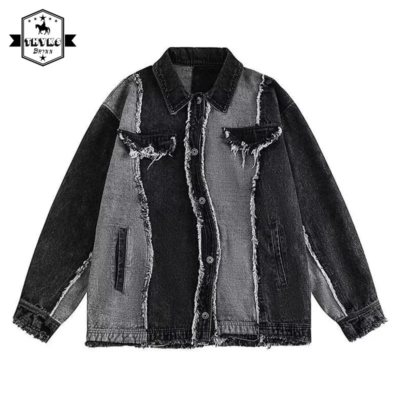 Spring Black Patchwork Denim Jacket Men Women Flash Loose Hip Hop Japanese Retro Autumn Unisex Varsity Cowboy Coats Streetwear