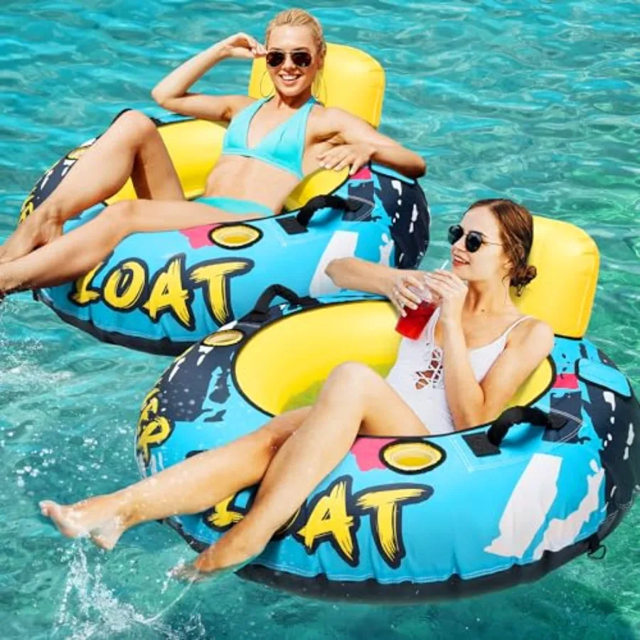Heavy Duty River Tube for lake and pool floating durable canvas cover navy blue extra-large 53'' size with cup holders backrest