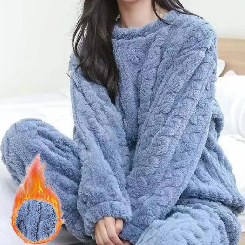 1-2PCS  Fall Winter Flannel Pajama Set Jacquard Pattern Solid Color Thick Loungewear for Women Casual Home Outfit