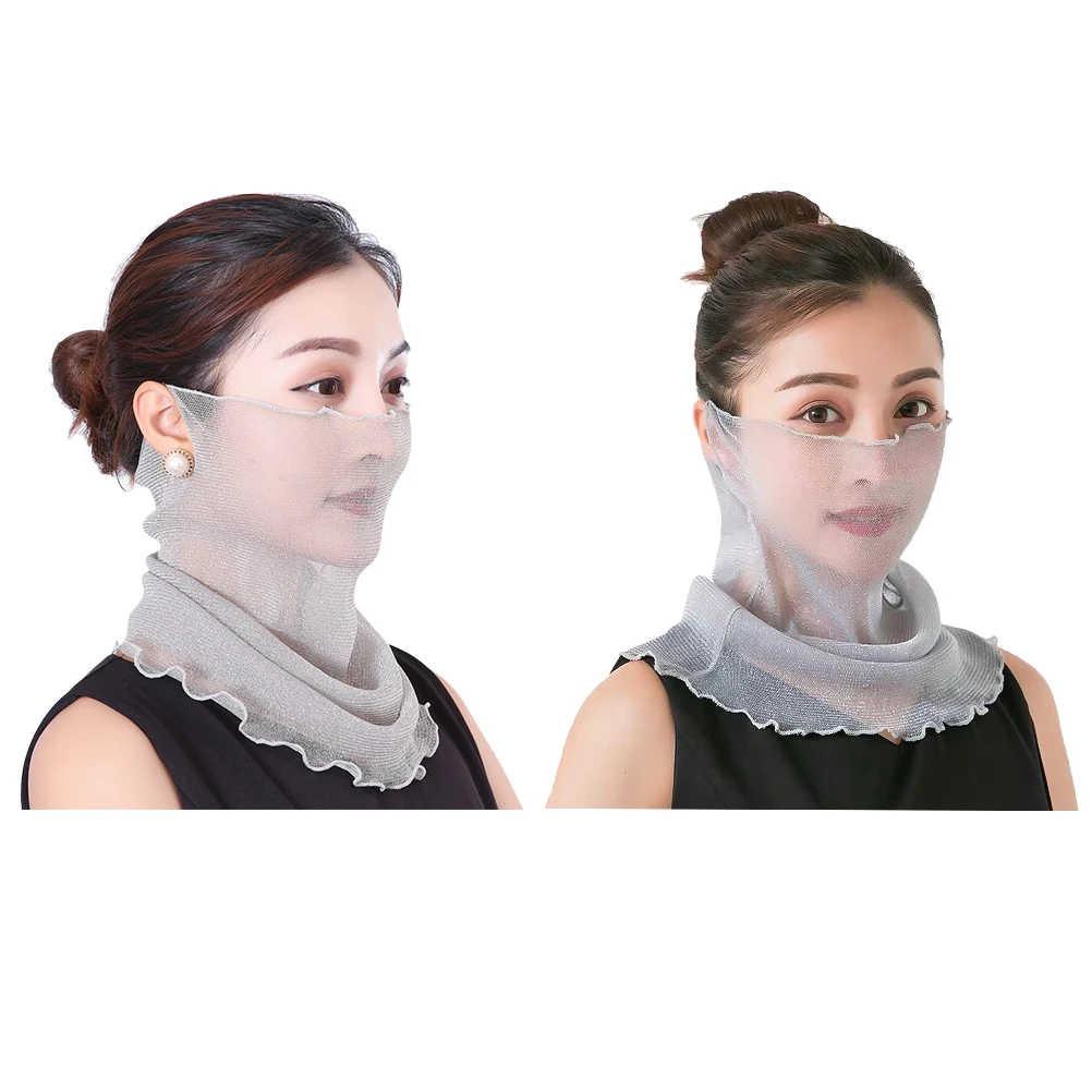 

2Pcs Sun Protection Face Veil Lightweight Women Scarf Mask Thin UV Summer Bib Veil Grey Miss Hiking Cycling Fishing