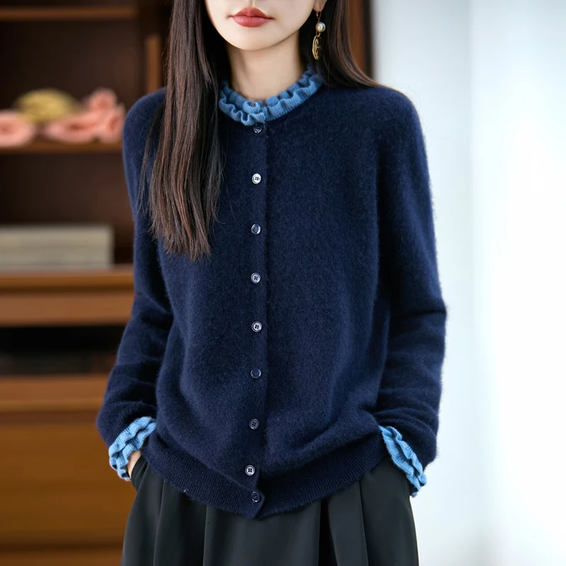 

100% Merino Wool Cardigan With Ruffled Collar Women's AutumnWinter Long Sleeved Soft And Warm Knit Fashionable Jumper Top