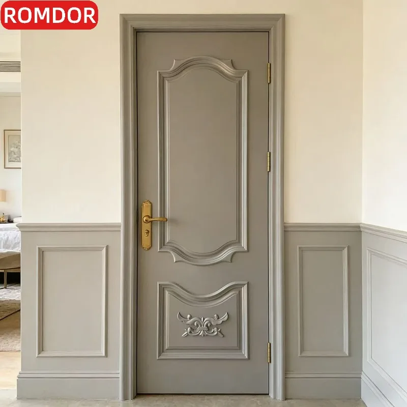 Khaki gray paint interior set light luxury French European carved flat open glass kitchen and bathroom glass solid wood composit