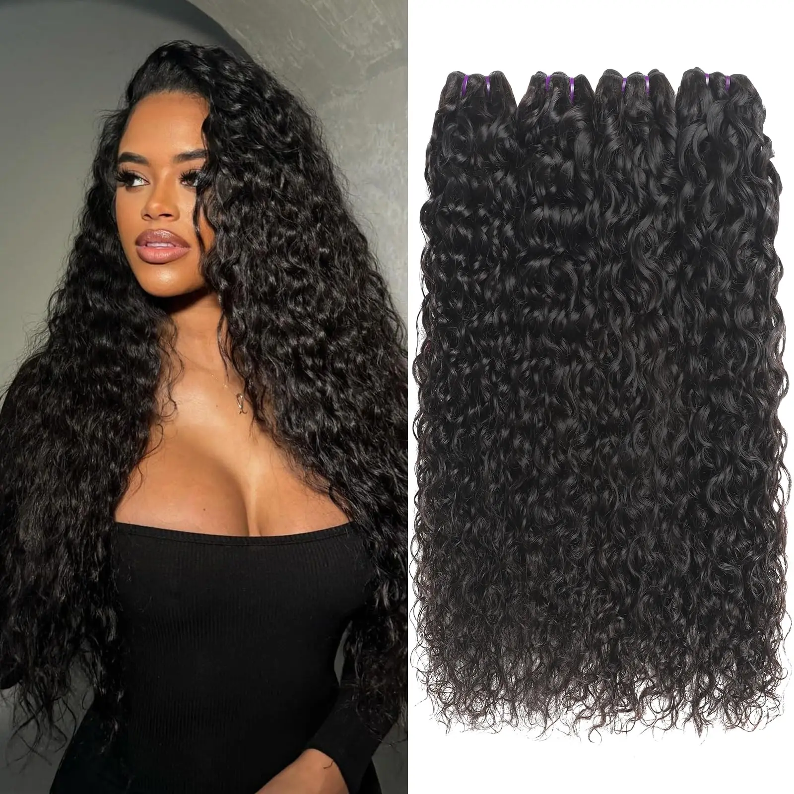 

Water Wave Human Hair Bundles 4Pcs Wet and Wavy Human Hair Weave Bundles 50g Brazilian Remy Human Hair Water Wave Bundles