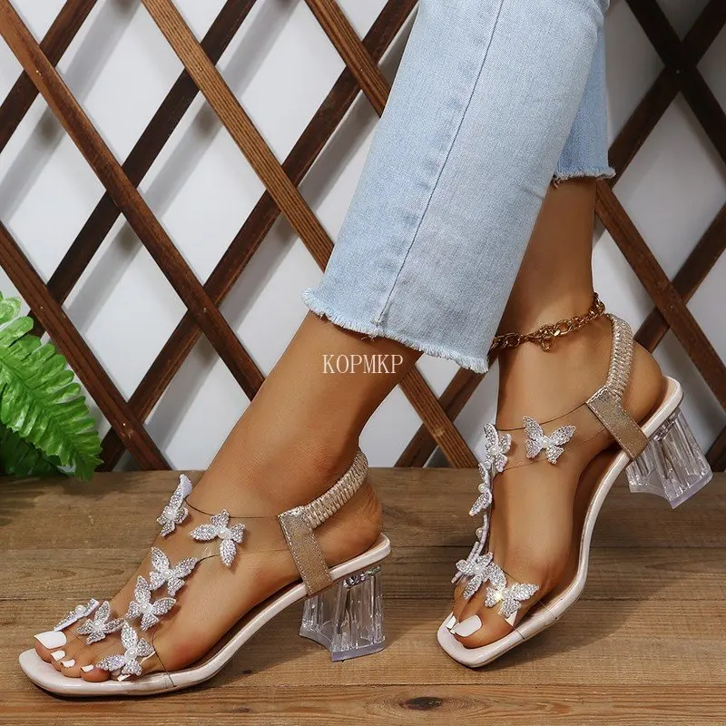 2023 Summer Women\'s Sandals Fashion Transparent PVC Rhinestone Butterfly Wrap Clear Heel Banquet Luxury Wedding Bridal Shoes 43