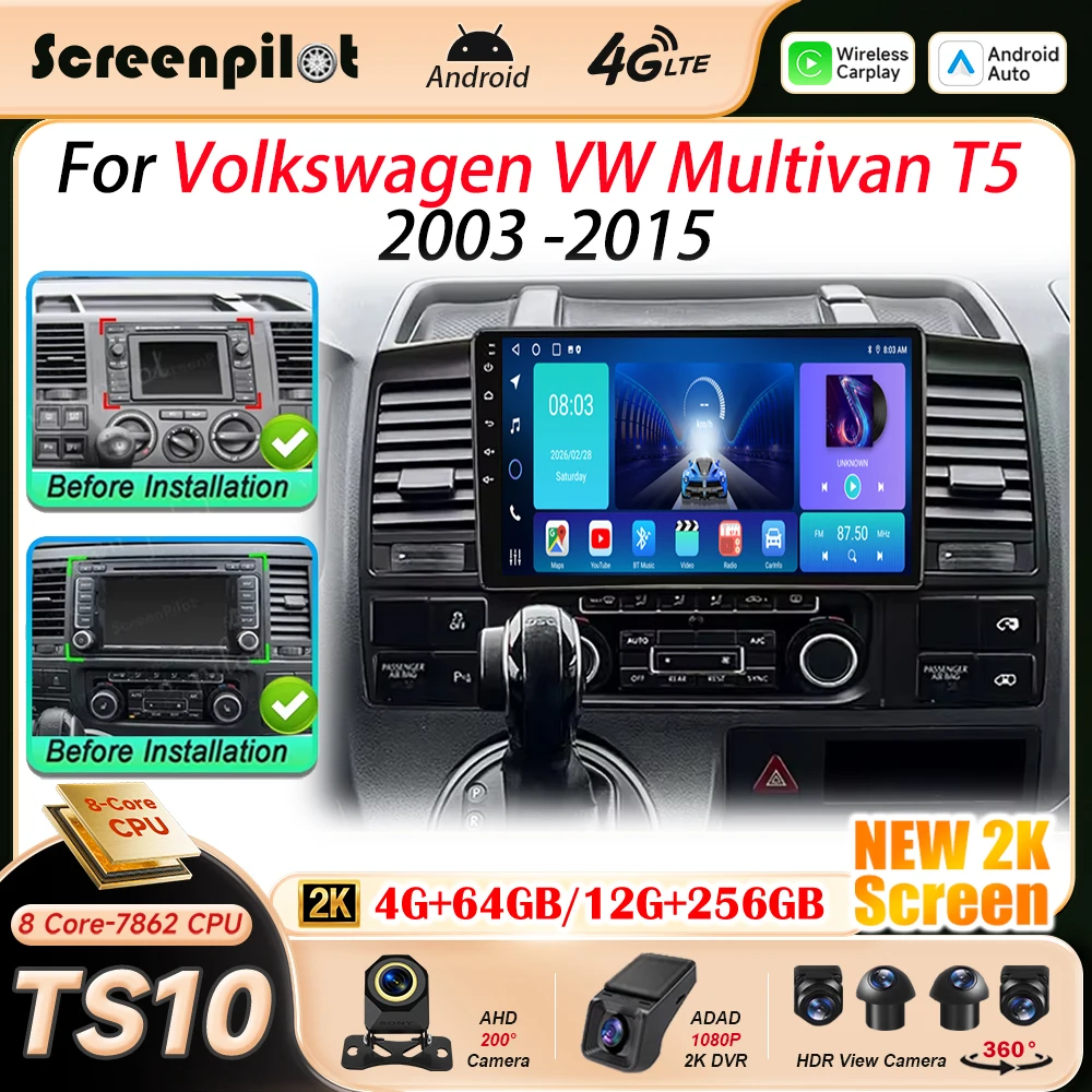 Android 16 Car Radio For Volkswagen VW Multivan T5 2003 2004 2005 2006 2007 2008-2015 Multimidia Player GPS Carplay Android Auto