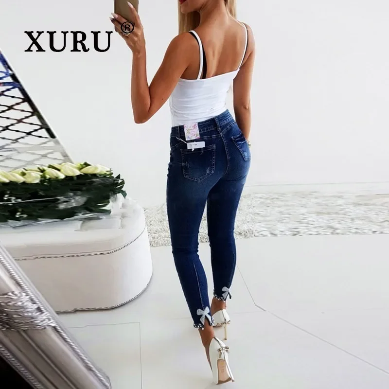 XURU-Butterfly Sticky Flower Studded Jeans for Women, Blue Pencil Pants, Cropped Jeans, European and American Wear, 1-92239, New