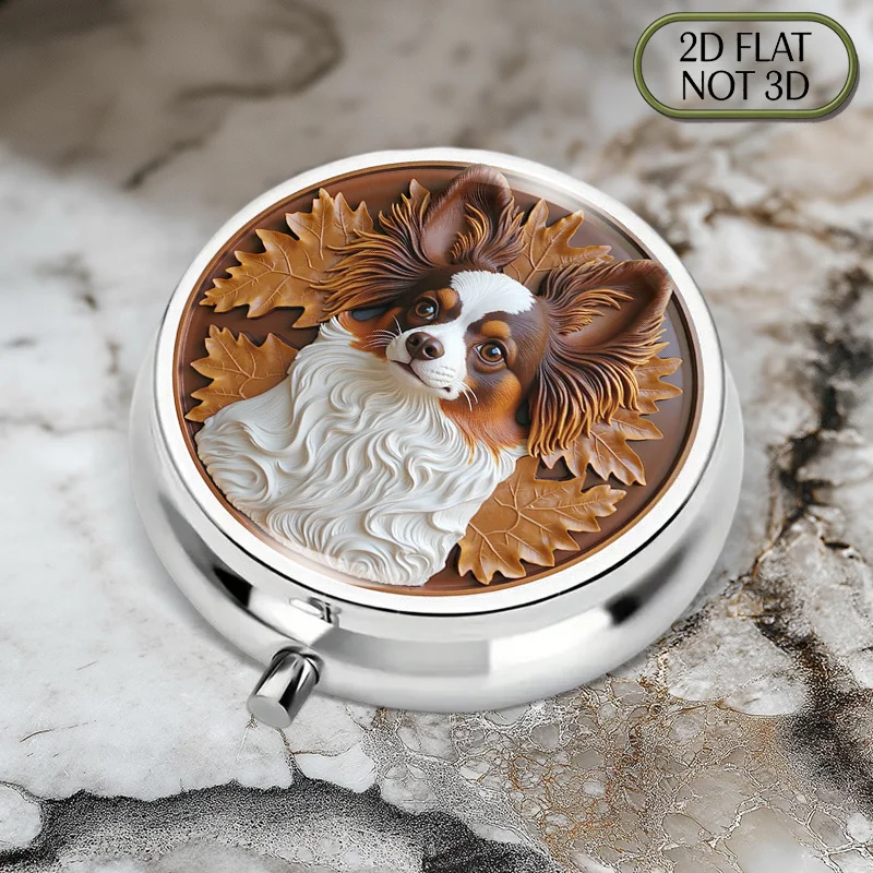 (Flat) 1pc food-grade portable round metal pill box, exquisitely engraved with a Papi dog and oak leaf pattern, suitable for travel and as a gift, with compartments for storing small decorative items, ideal for pet lovers and friends.