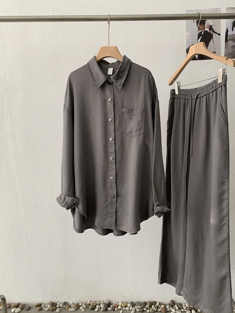 SuperAen European and American-style Fashion Solid-color Loose Long-sleeved Denim Shirt Elastic Waist Wide-leg Pants Set